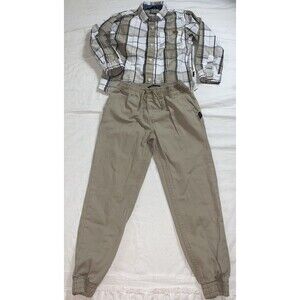 American Hawk boys size 6 khaki joggers collared plaid shirt set Preppy Easter W